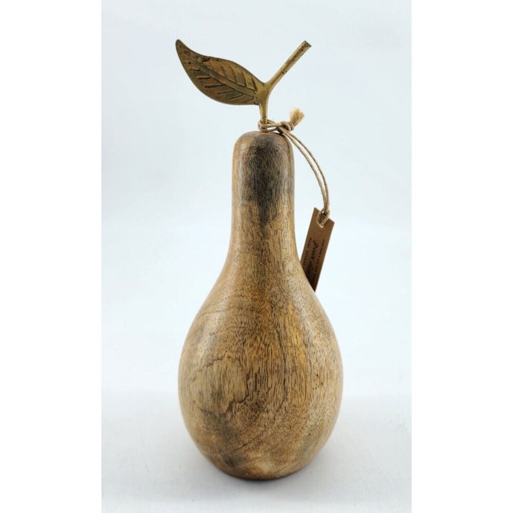 NEW Hand Carved Mango‎ Wood Decorative Pear With Metal Stem & Leaf MCM Design